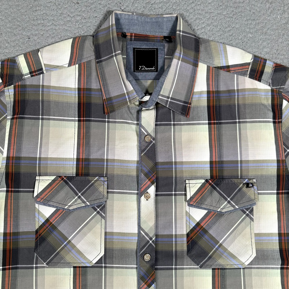 7 Diamonds Shirt Mens XL Plaid Casual Preppy Button Up Double Pocket Logo Cotton